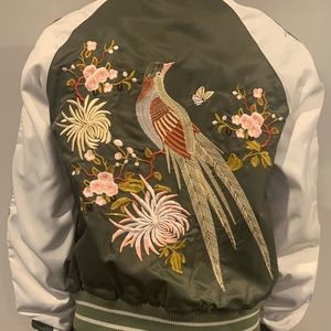 Satin Bomber with Embroidered Peacock